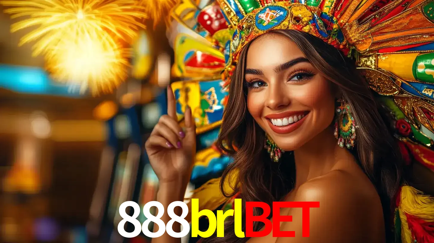 Mulher sorridente com um cocar de carnaval vibrante e colorido, celebrando uma grande vitória nos jogos do cassino 888brlbet com fogos de artifício ao fundo.