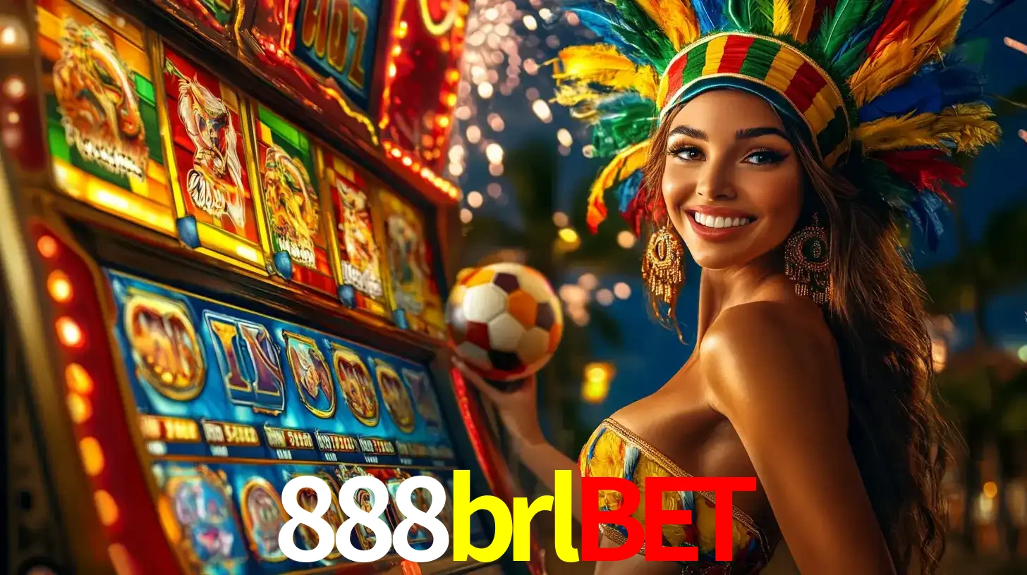 Mulher com um cocar de carnaval ao lado de uma máquina de caça-níqueis enquanto segura uma bola de futebol, mostrando a união da diversão de cassino e esportes no 888brlbet.
