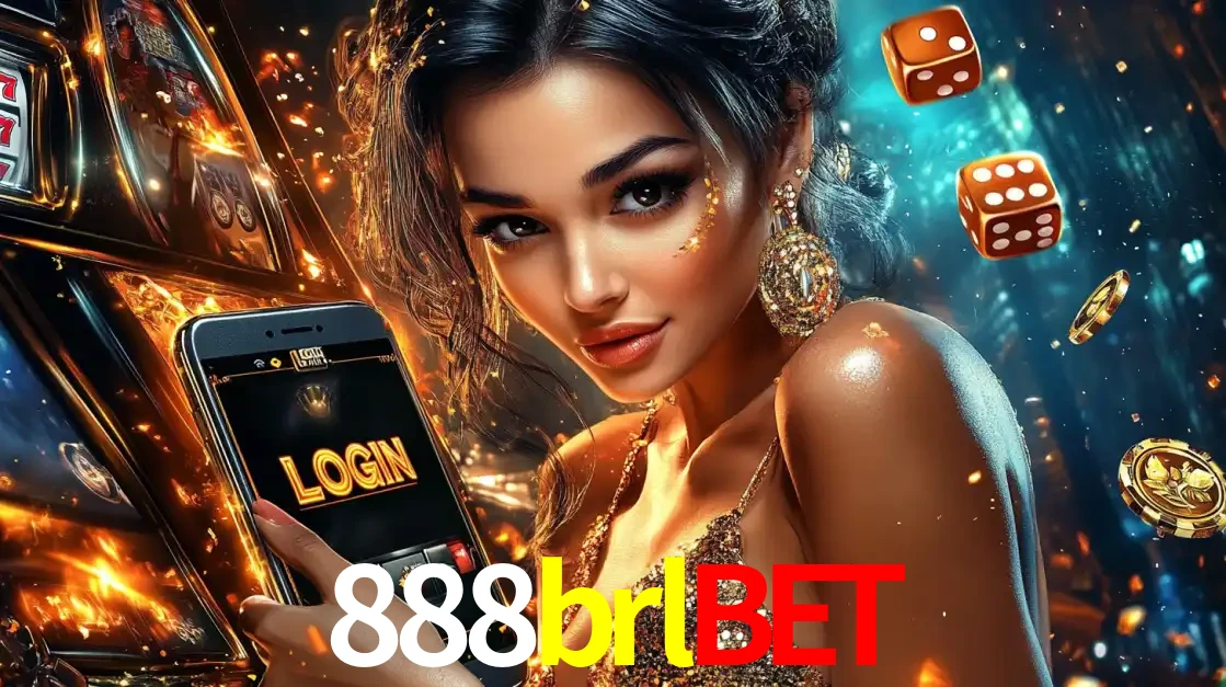 Mulher glamourosa segurando um celular com a tela de login do cassino 888brlbet, rodeada por dados e moedas douradas, pronta para começar a diversão.