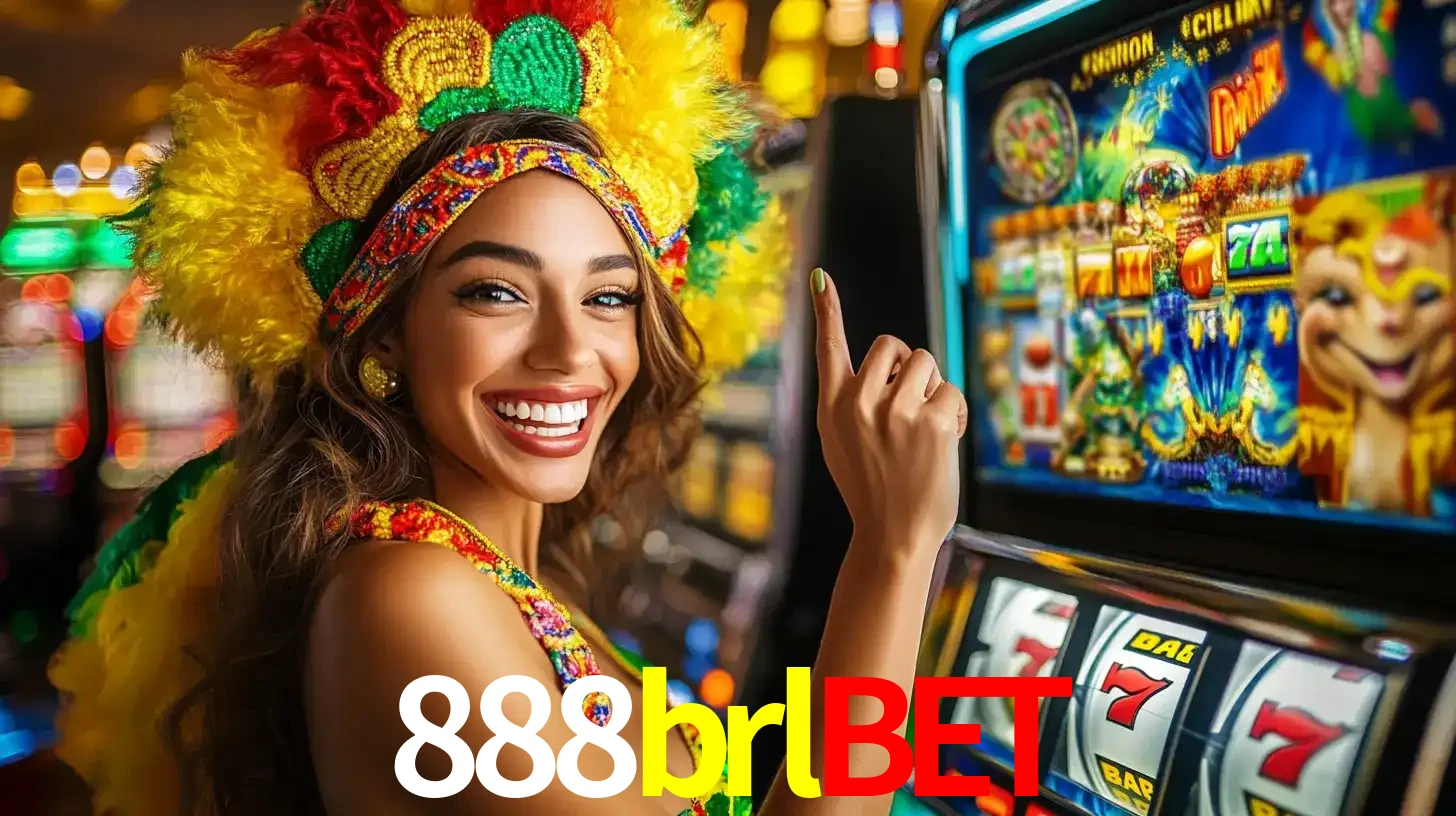 Mulher animada com um cocar de carnaval apontando para uma máquina de caça-níqueis, mostrando a emoção de ganhar um grande prêmio nos jogos do 888brlbet.