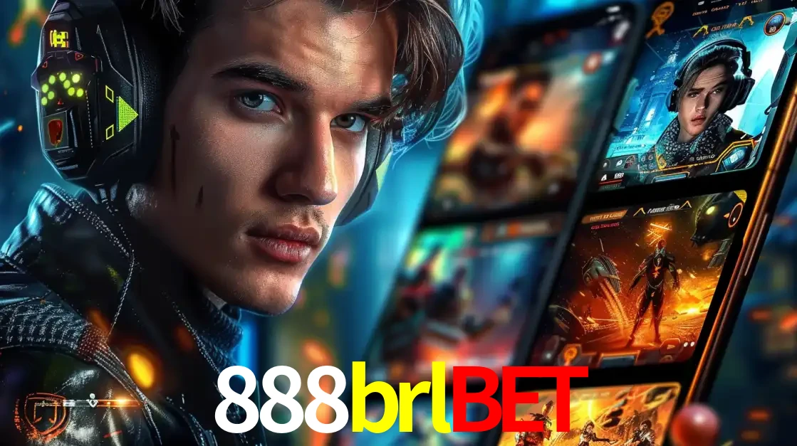 Jovem jogador com fones de ouvido olhando para a câmera, com um aplicativo de jogos e e-sports para celular ao fundo, pronto para a competição e apostas no 888brlbet.