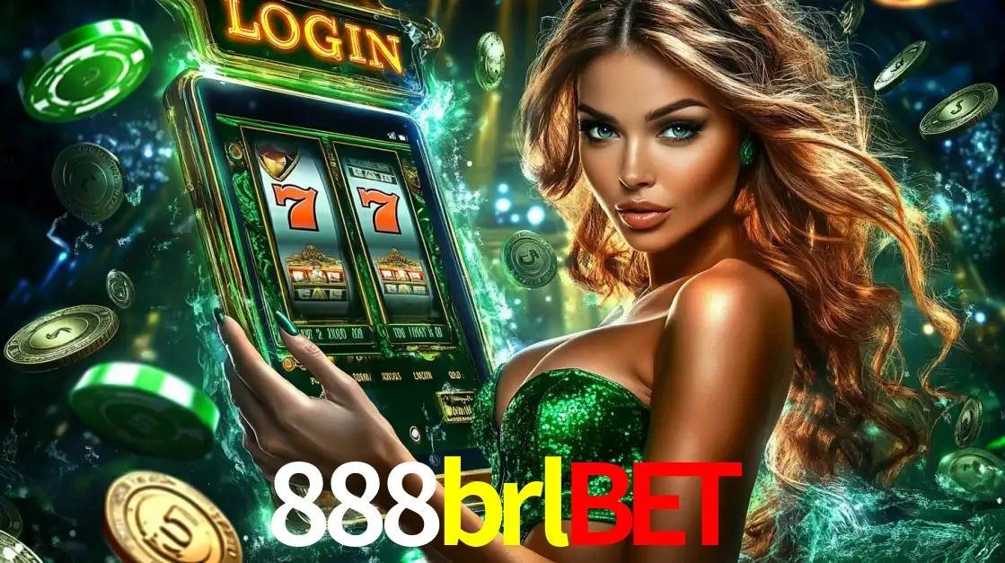 Mulher com tema verde apresentando o aplicativo do cassino 888brlbet com um jogo de slot de 777, cercada por fichas de cassino e uma aura de sorte.
