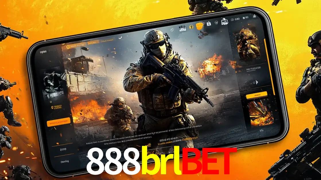 Um smartphone exibindo a interface de um jogo de tiro em primeira pessoa, com um soldado em um cenário de batalha, representando a ação dos e-sports para apostar no 888brlbet.