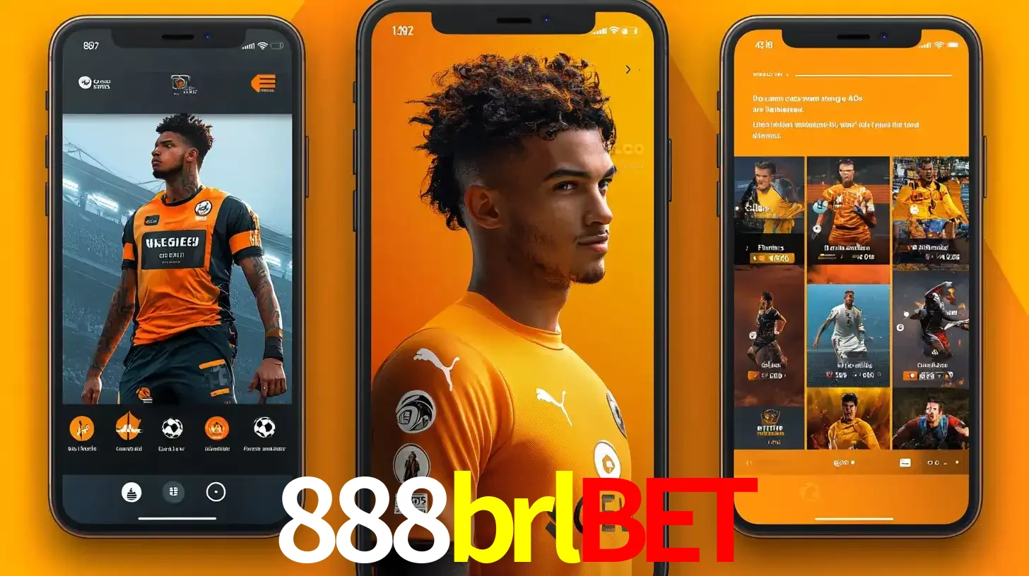 Interface do aplicativo de apostas esportivas 888brlbet em três telas de celular, mostrando o perfil de um jogador de futebol e a lista de jogos disponíveis para apostar.