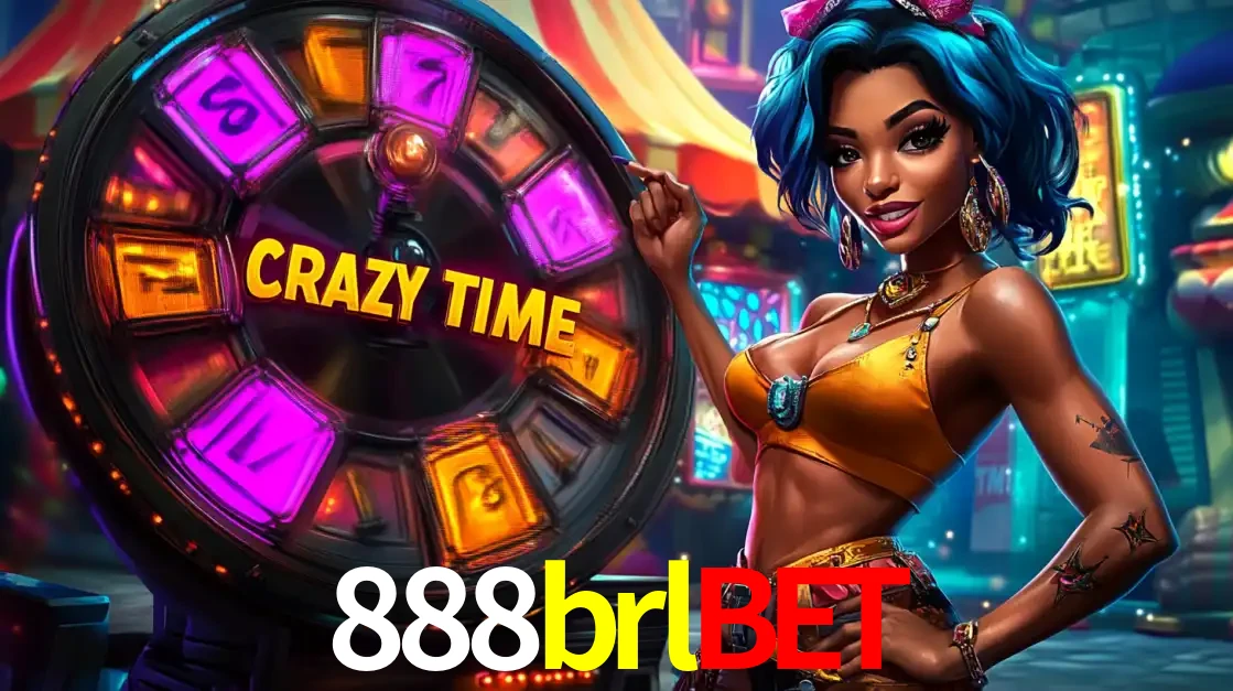 Mulher estilizada com cabelo azul e visual vibrante posando ao lado da roda de prêmios do game show Crazy Time, convidando para a diversão e os bônus do cassino 888brlbet.