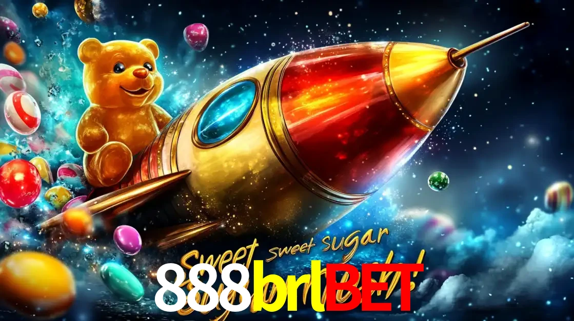 Arte promocional do jogo de slot Sugar Rush, com um urso de pelúcia em um foguete viajando pelo espaço de doces, um dos jogos divertidos disponíveis no cassino 888brlbet.