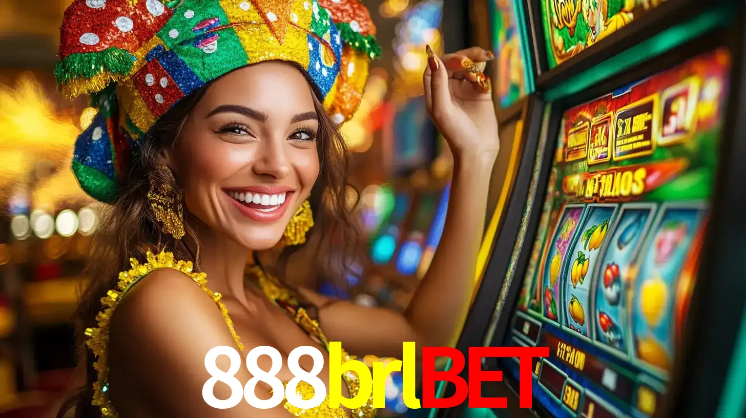 Mulher feliz com traje de carnaval amarelo e colorido ao lado de uma máquina de caça-níqueis, aproveitando a diversão e os jogos temáticos do cassino 888brlbet.